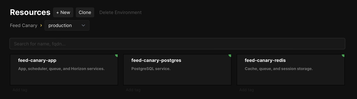 Feed Canary’s production resources: “feed-canary-app”, “feed-canary-postgres”, and “feed-canary-redis”