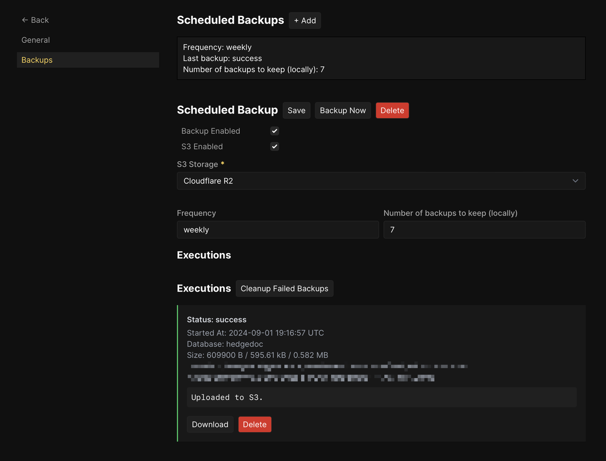 The “Database” service’s “Backups” settings, which are scheduled weekly and push to S3