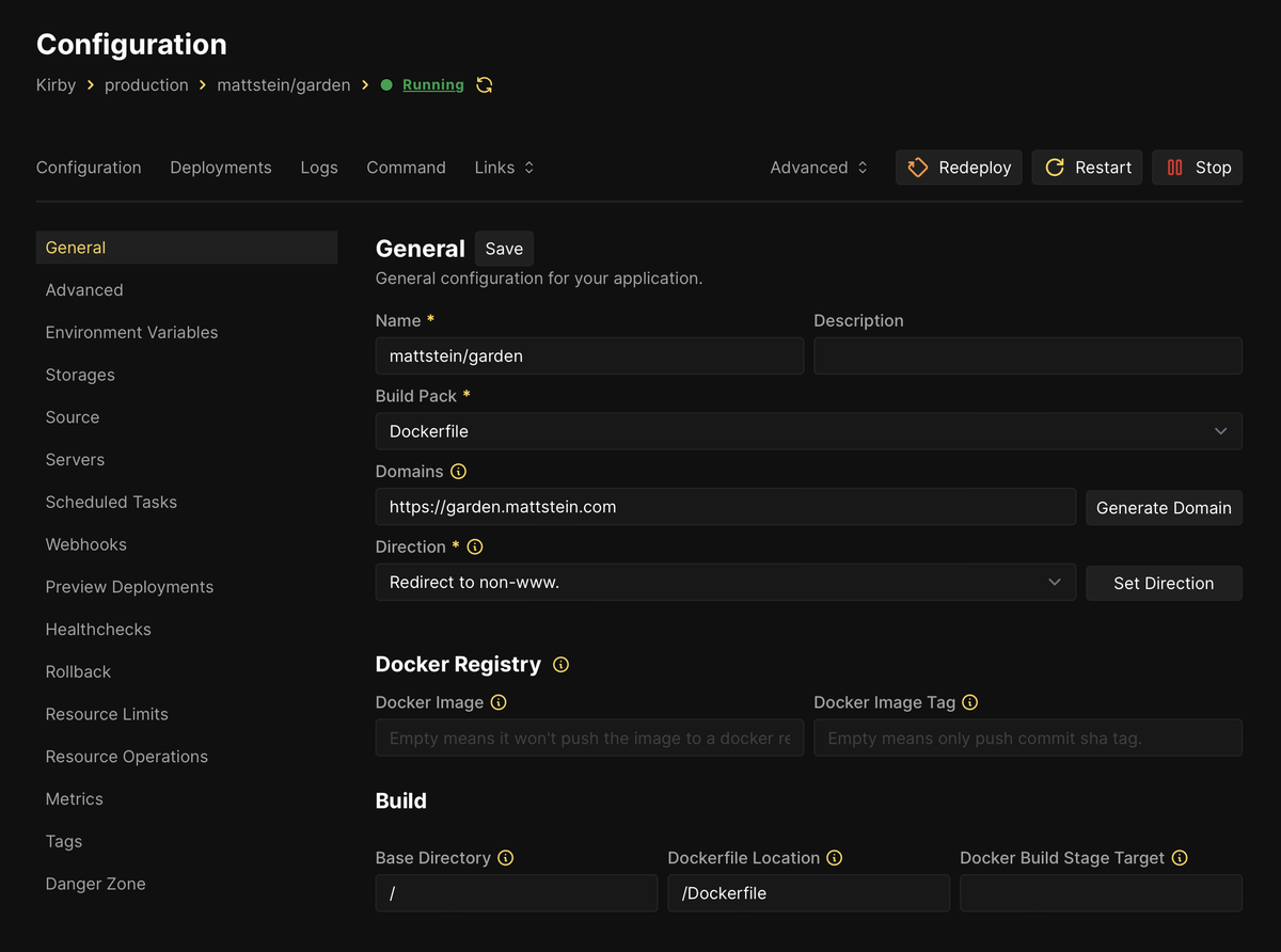 Kirby project configuration, which uses the Dockerfile Builc Pack and specifies a Dockerfile location at the repository root