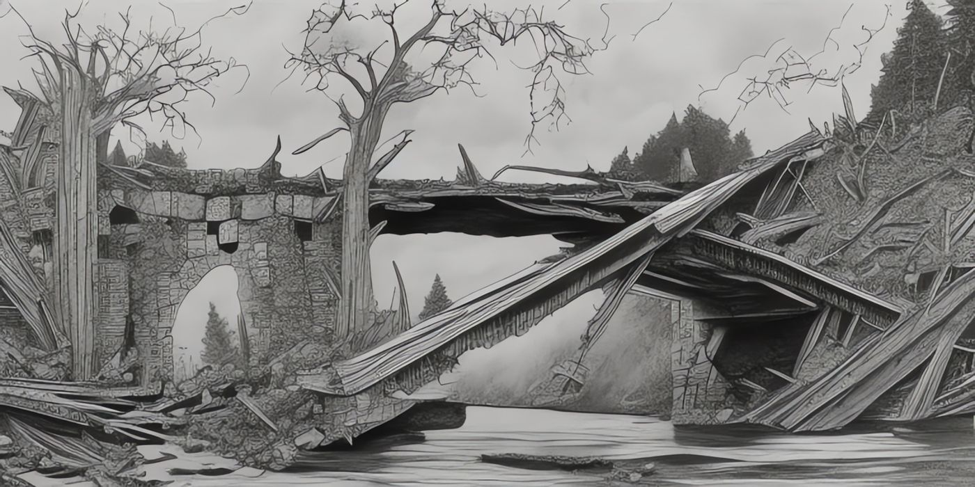 Monochrome illustration of a ruined bridge over a river.