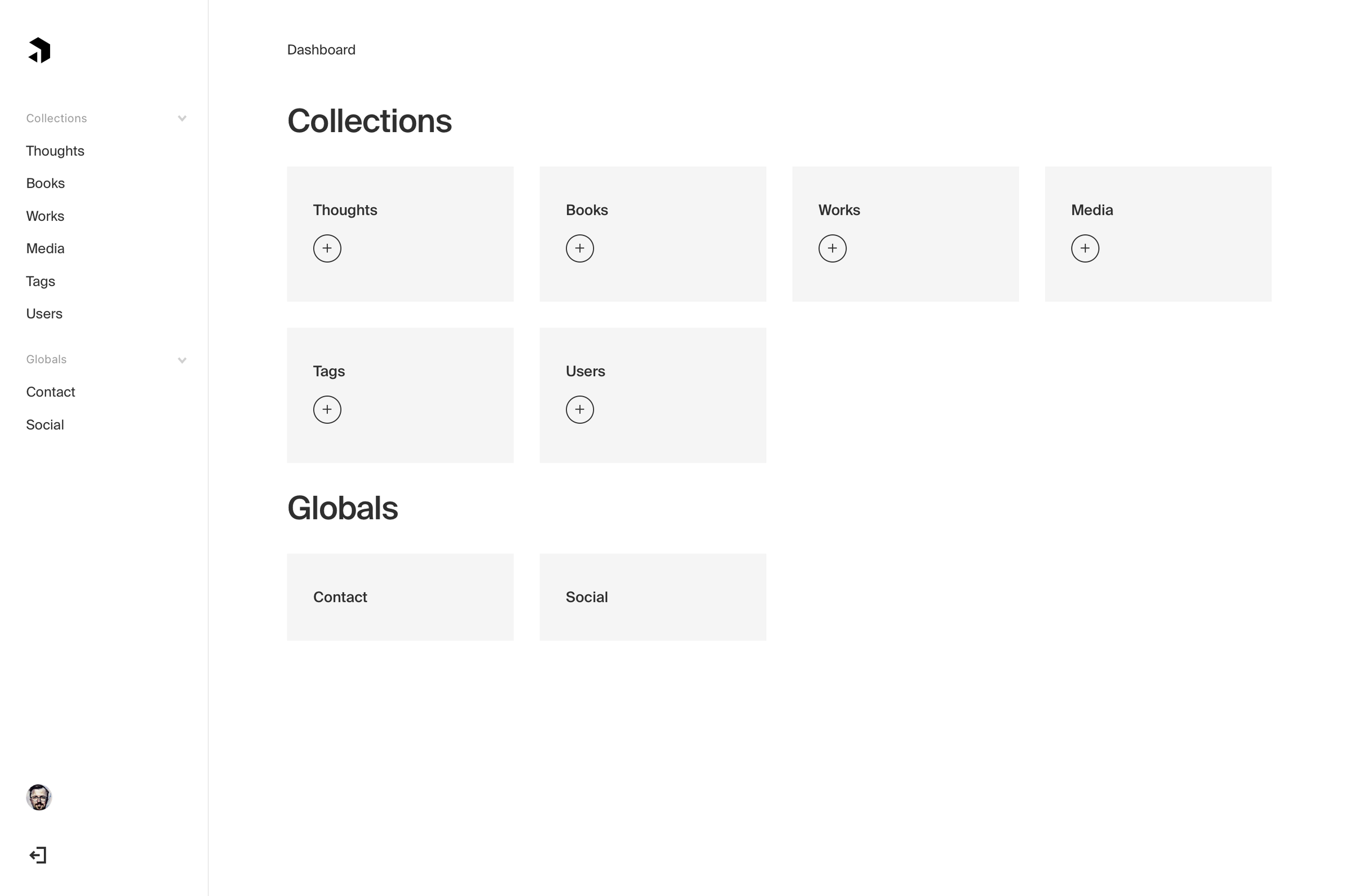 Screenshot of the Payload CMS browser UI, with a sidebar and main content area listing Collections and Globals.