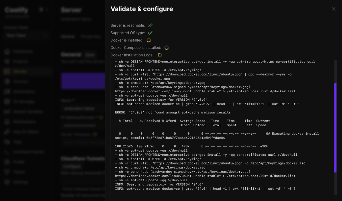 “Validate & configure” slideout, where “Server is reachable” has a green check, “Supported OS type” has a green check, and three items have spinners: “Docker is installed”, “Docker Compose is installed”, and “Docker Installation Logs”, with terminal output below