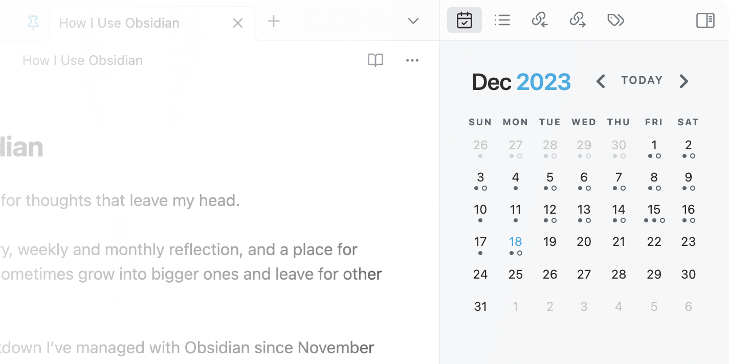 Cropped screenshot of Obsidian with its right sidebar open, a calendar icon selected at the top, and the panel’s content area displaying a “Dec 2023” calendar where each day uses small circles to represent the presence of daily note file headings.