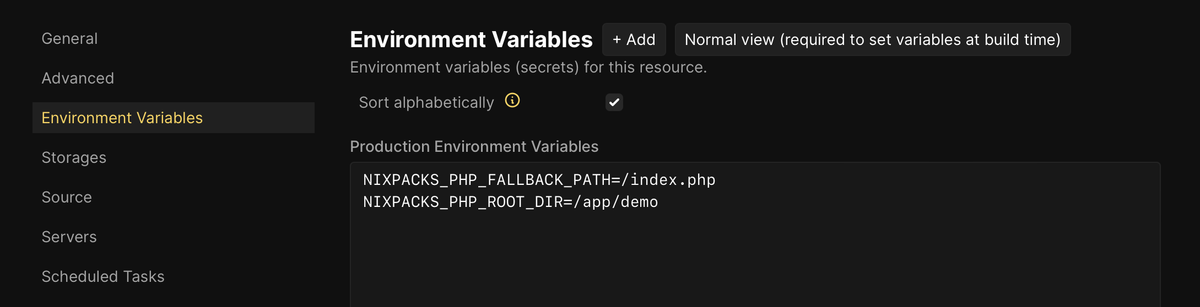 Environment variables settings, which specify `NIXPACKS_PHP_FALLBACK_PATH` and `NIXPACKS_PHP_ROOT_DIR`