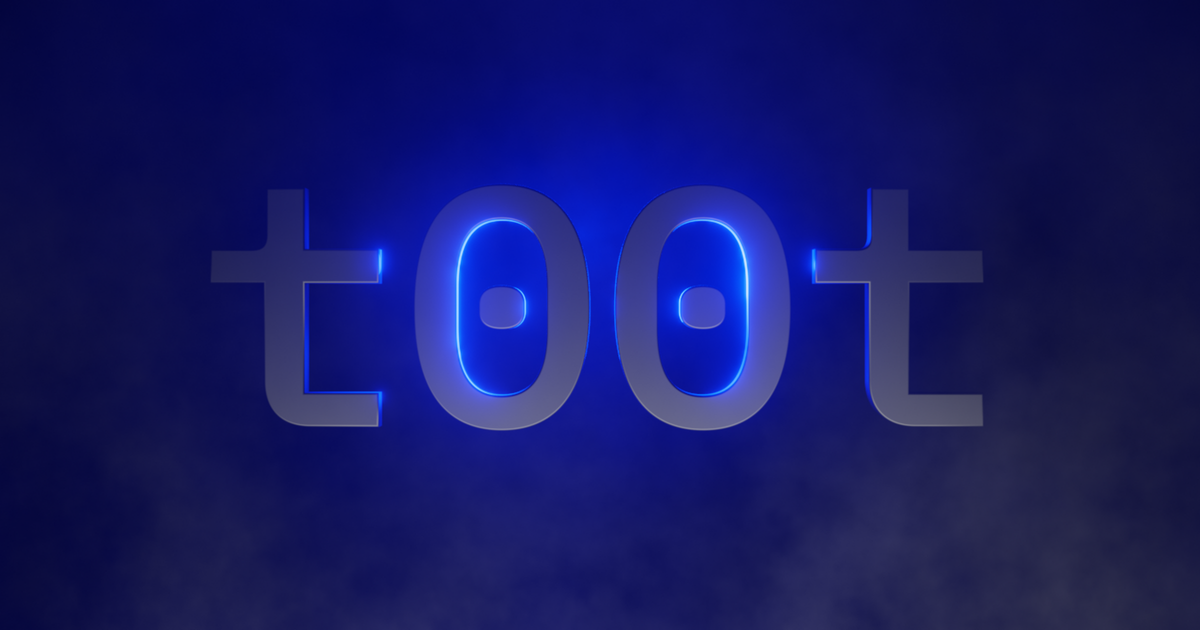 The Mastodon server banner, which is some 3D “t00t.cloud” text in a moody blue field of light in cloudy fog