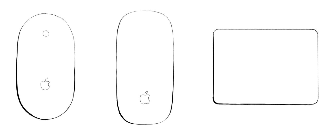 Sketchy drawings of the Apple Mighty Mouse, Magic Mouse, and Magic Trackpad