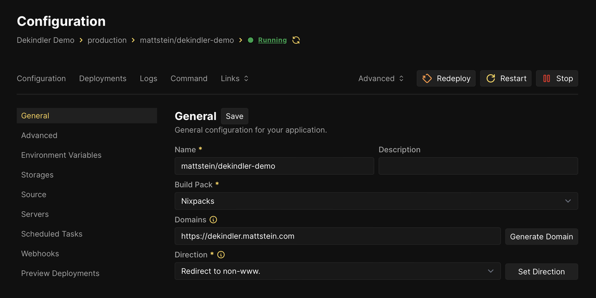 Configuration for mattstein/dekindler-demo, which uses the Nixpacks Build Pack