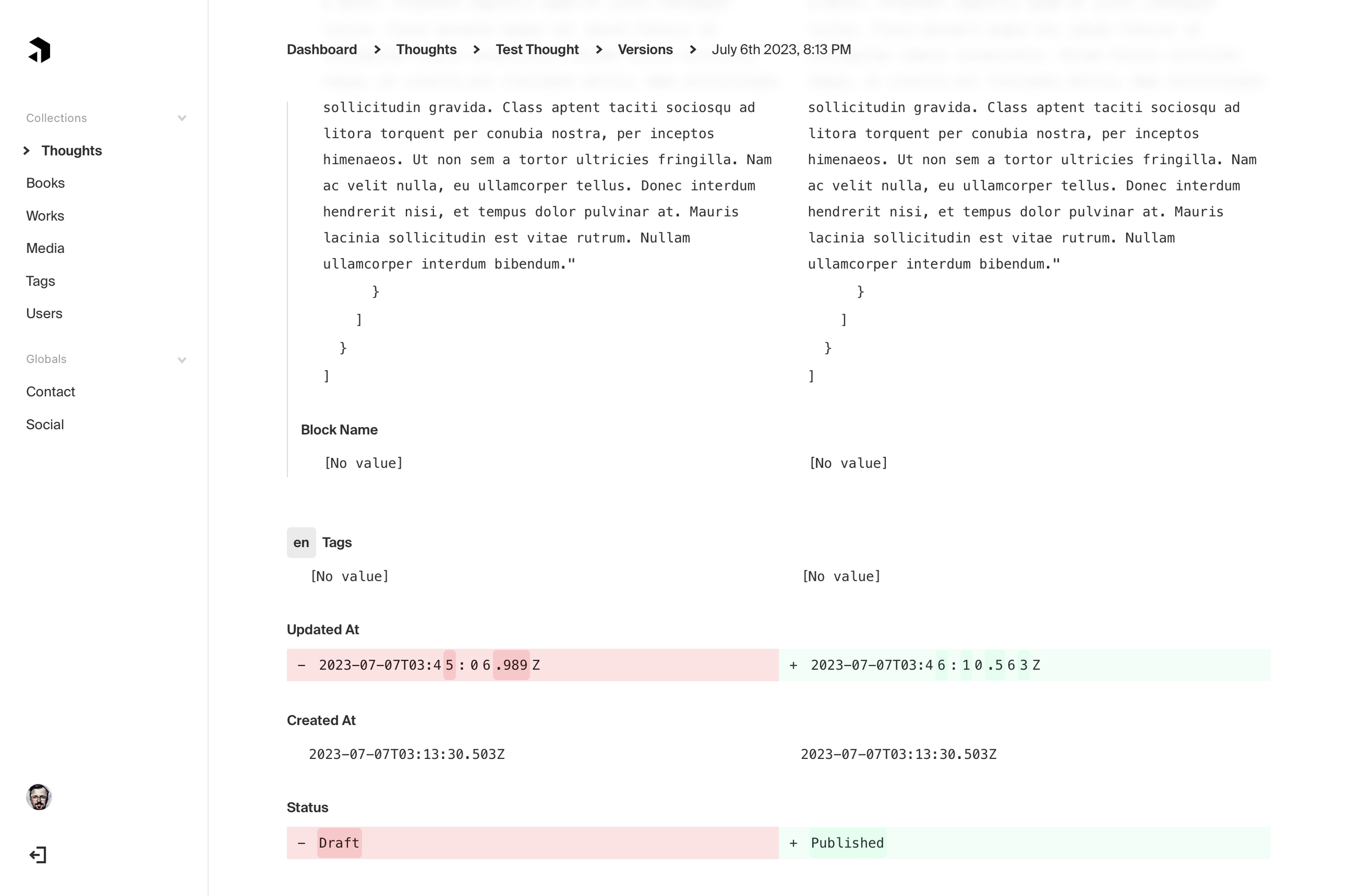 Screenshot comparing version data in the browser, with everything represented as JSON and changes identified with red and green highlighting.