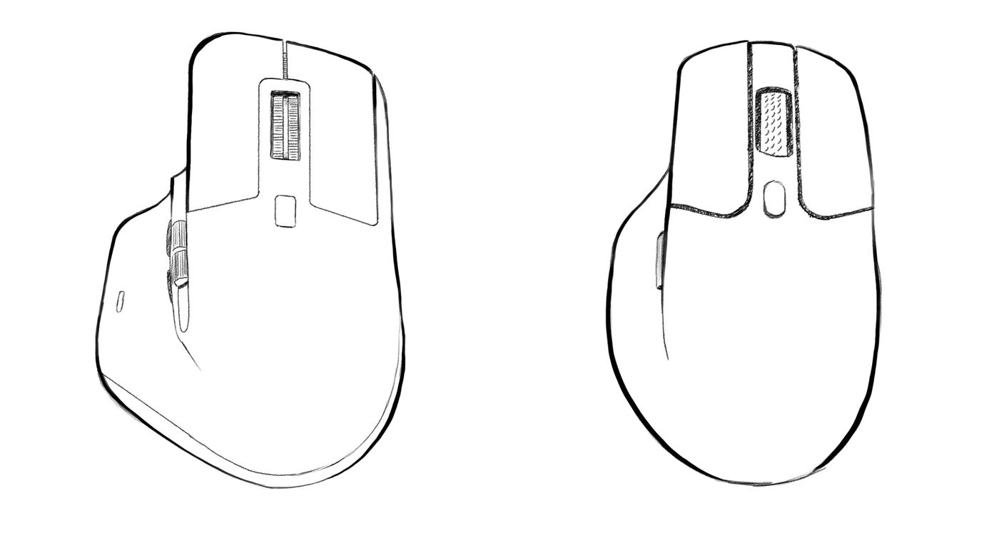 Sketchy drawings of the Logitech MX Master 3 and Keychron M6
