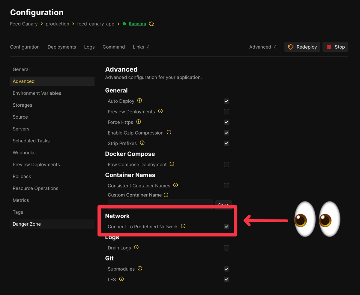 The app resource’s Advanced settings, where under “Network” the “Connect To Predefined Network” checkbox is emphasized by a giant box, a giant arrow, and uncomfortably large emoji eyes