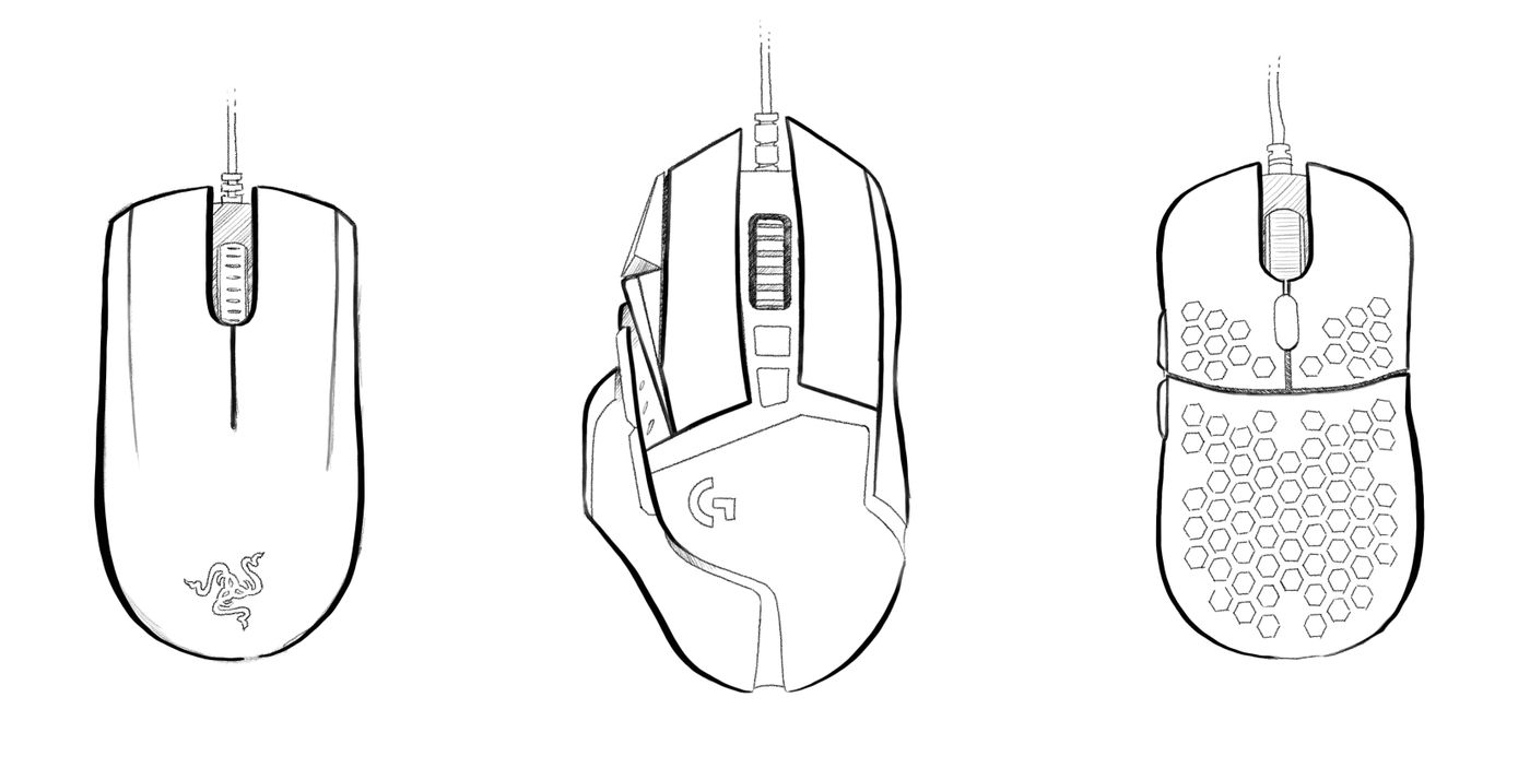 Sketchy drawings of the Razor Abyssus, Logitech G502 Hero SE, and HK Mira S