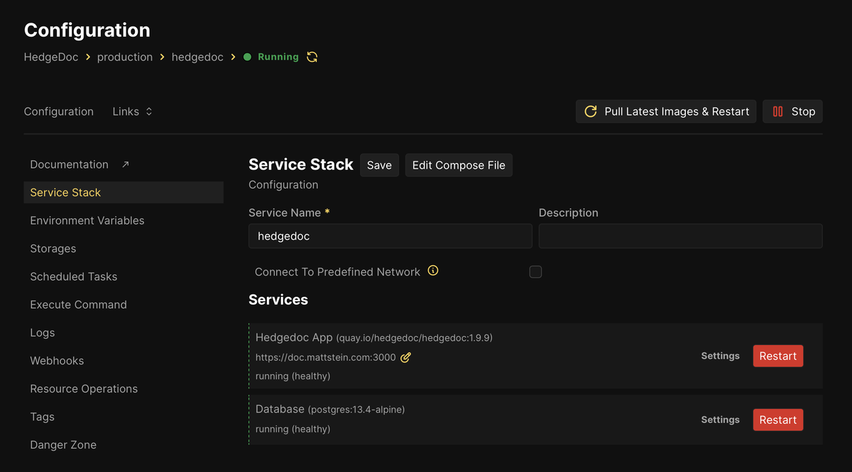 HedgeDoc configuration, which under Services lists “Hedgedoc App” and “Database”