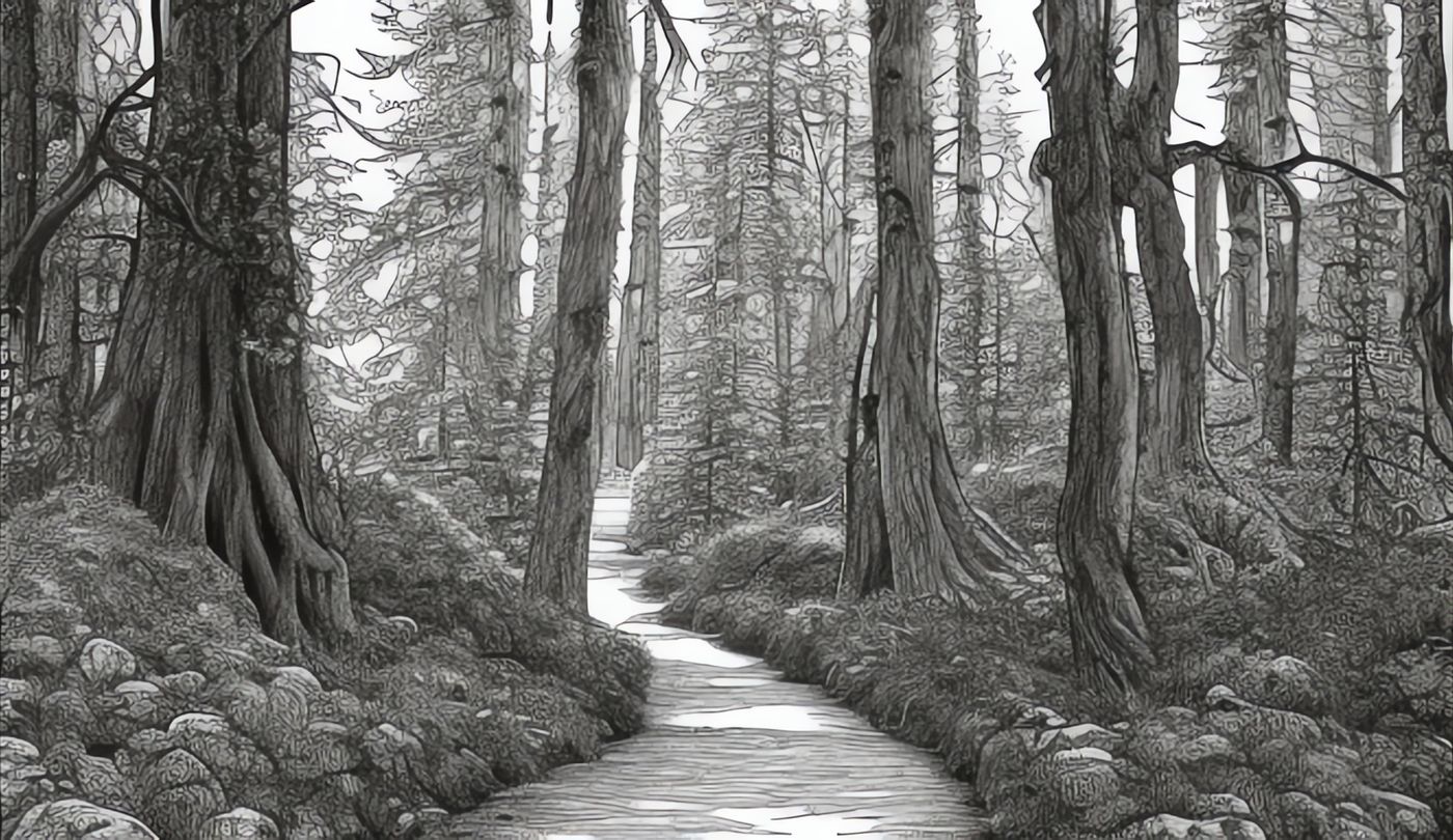 Monochrome illustration of a sunlit path winding through a forest.