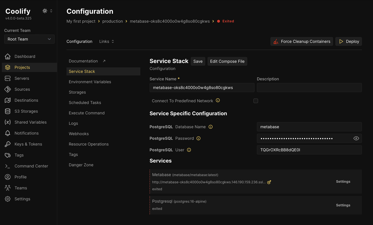 The “Service Stack” configuration I added for Metabase, preconfigured with a “Deploy” button to the far right that wants to be pushed