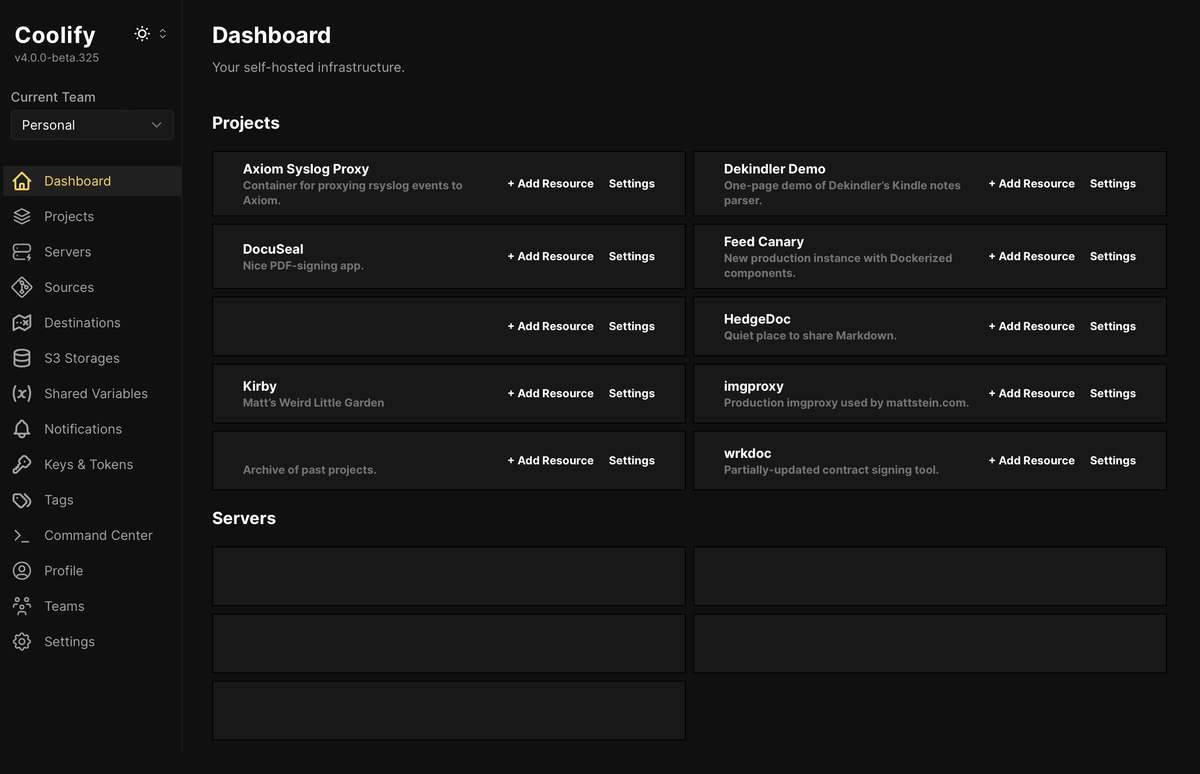 My Coolify dashboard with a bunch of apps and servers