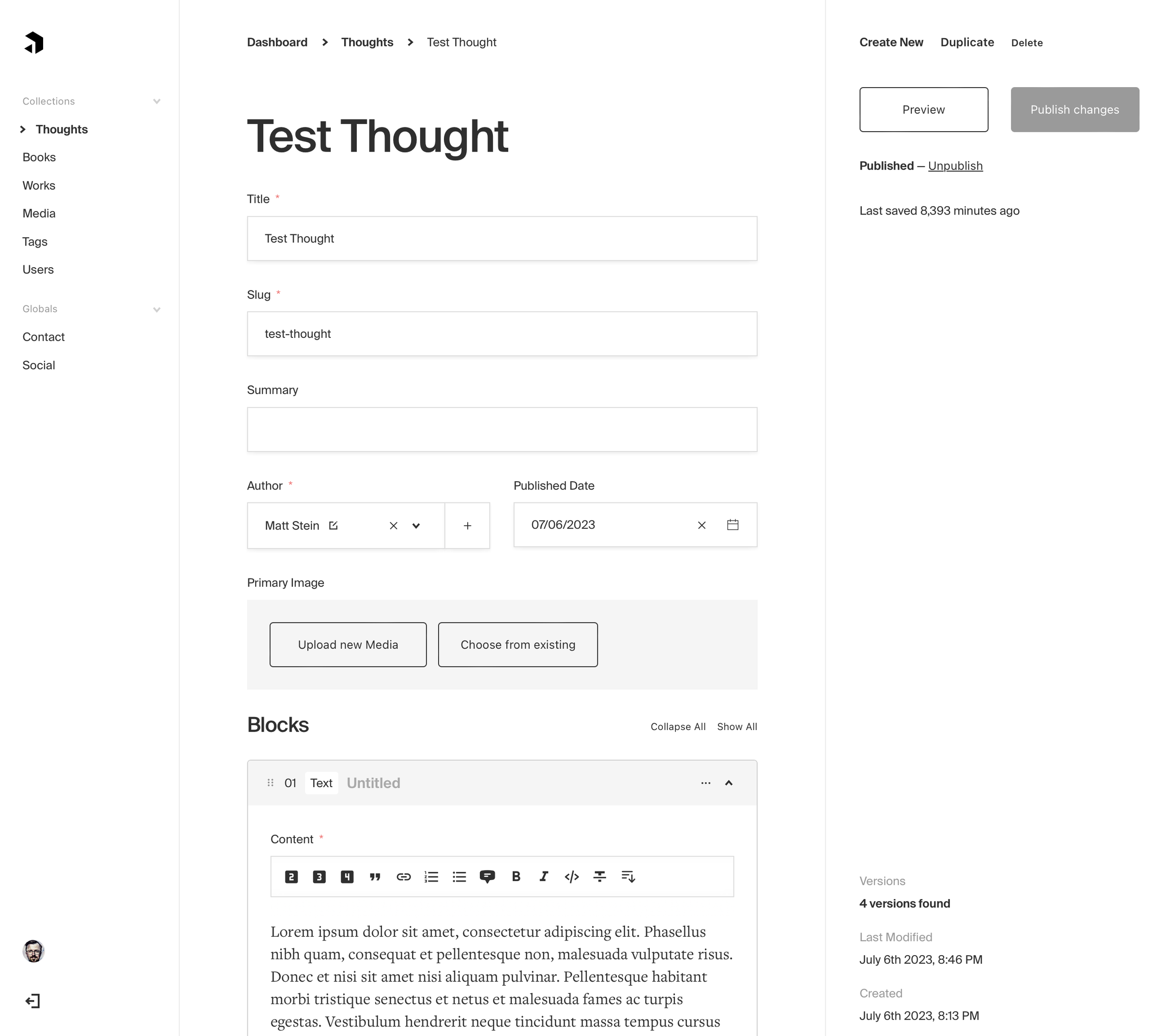 Screenshot of the Payload CMS browser UI, with a set of fields for a post titled “Test Thought”.