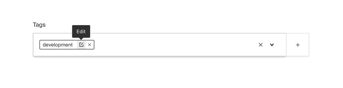 Screenshot of a “Tags” field, with emphasis on the edit icon next to the “development” tag that’s been added.