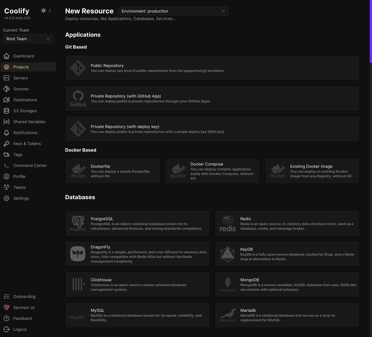 Screenshot of Coolify’s “New Resource” view, listing Git, Docker and Databases options