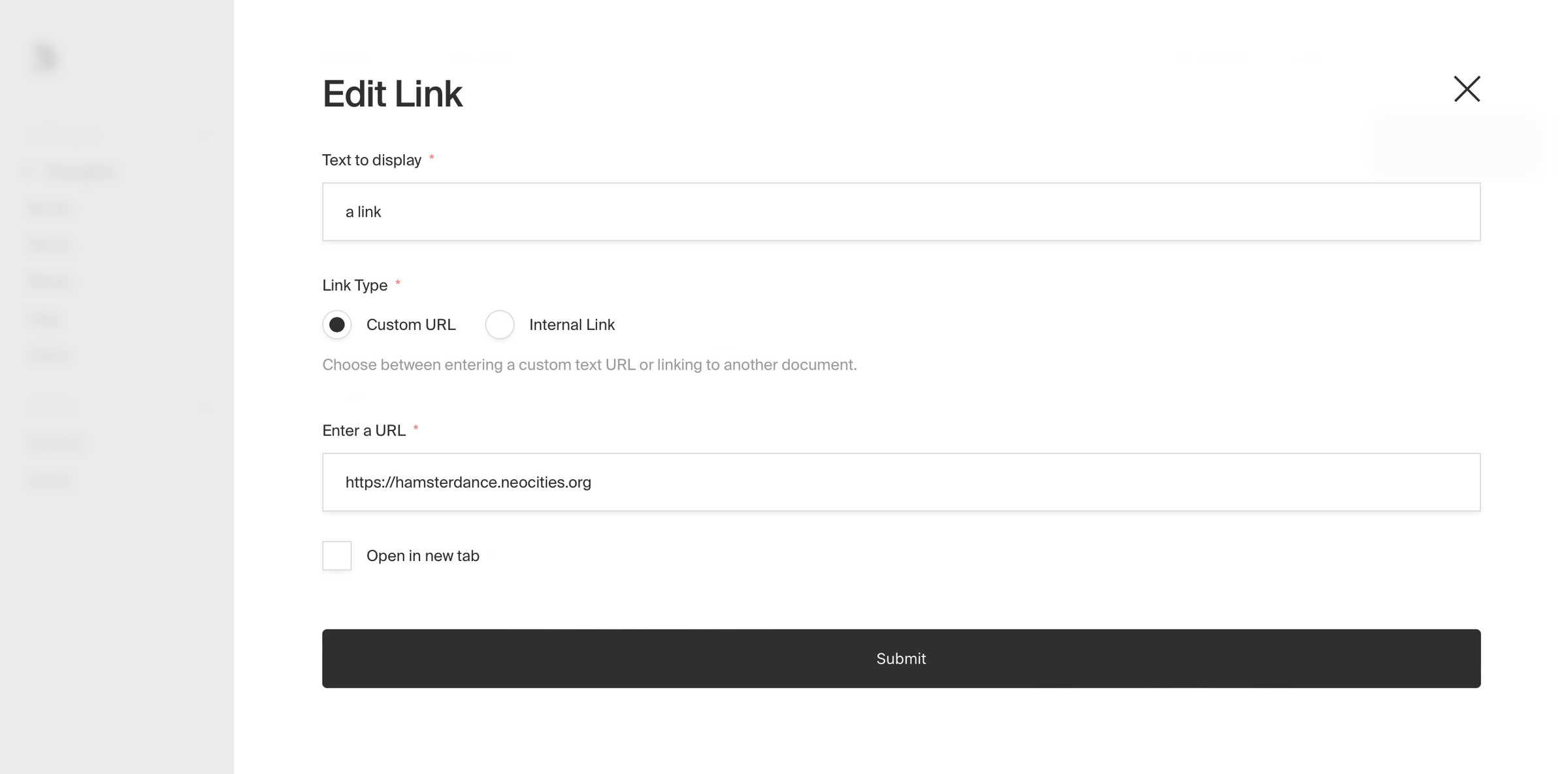 Payload’s “Edit Link” pane, which includes fields for the link text, the type (Custom URL or Internal Link), the URL itself, and an “Open in new tab” checkbox