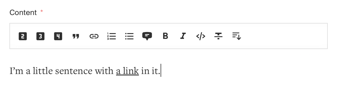 Screenshot of a Slate field in Payload, where the editor reads “I’m a little sentence with a link in it.” and “a link” is an anchor