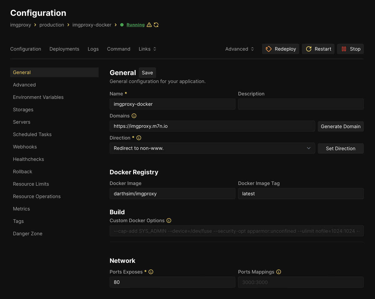 imgproxy configuration, which just specifies the `darthsim/imgproxy` Docker Image and includes some unpictured environment variables for configuration