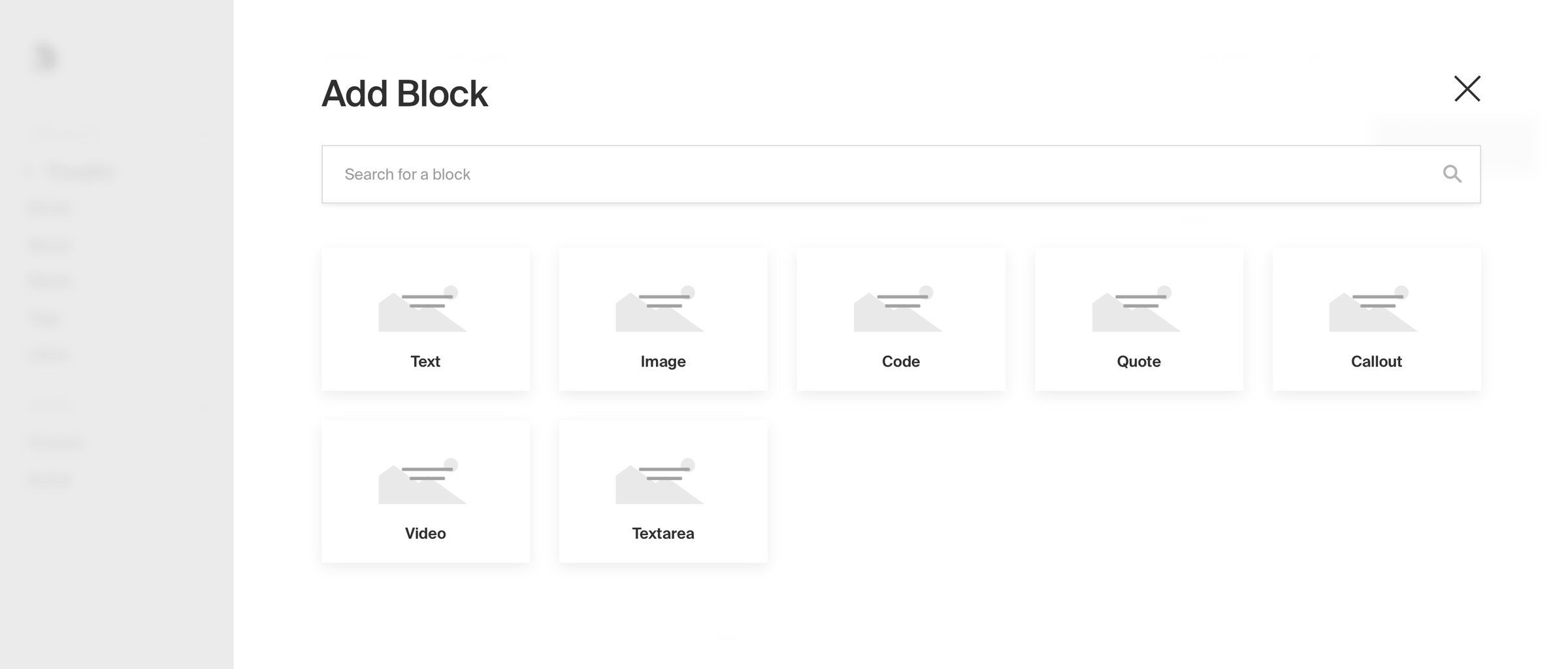 Screenshot of the “Add Block” modal that slides over post fields after clicking a block field’s “Add Block” button; the modal lists a name and thumbnail for each available block type and has a search field at the top.