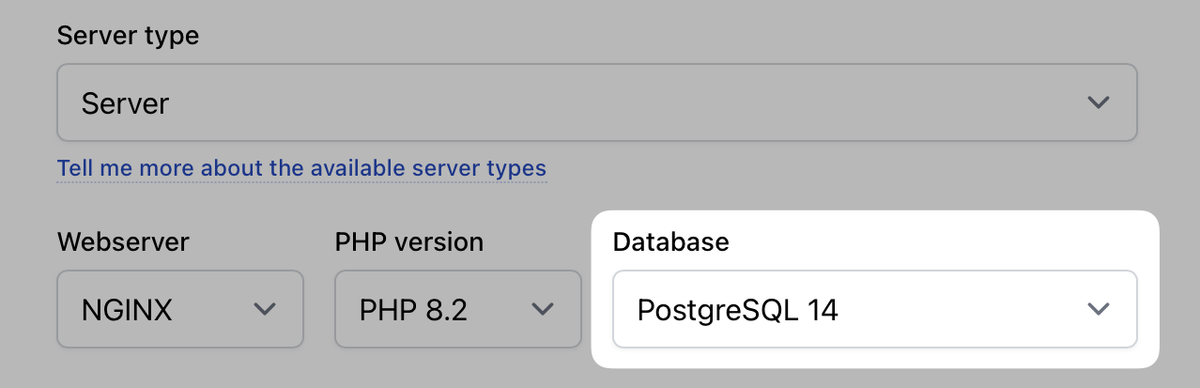 Screenshot of creating a new server in Ploi’s control panel, with emphasis on the “PostgreSQL” database option