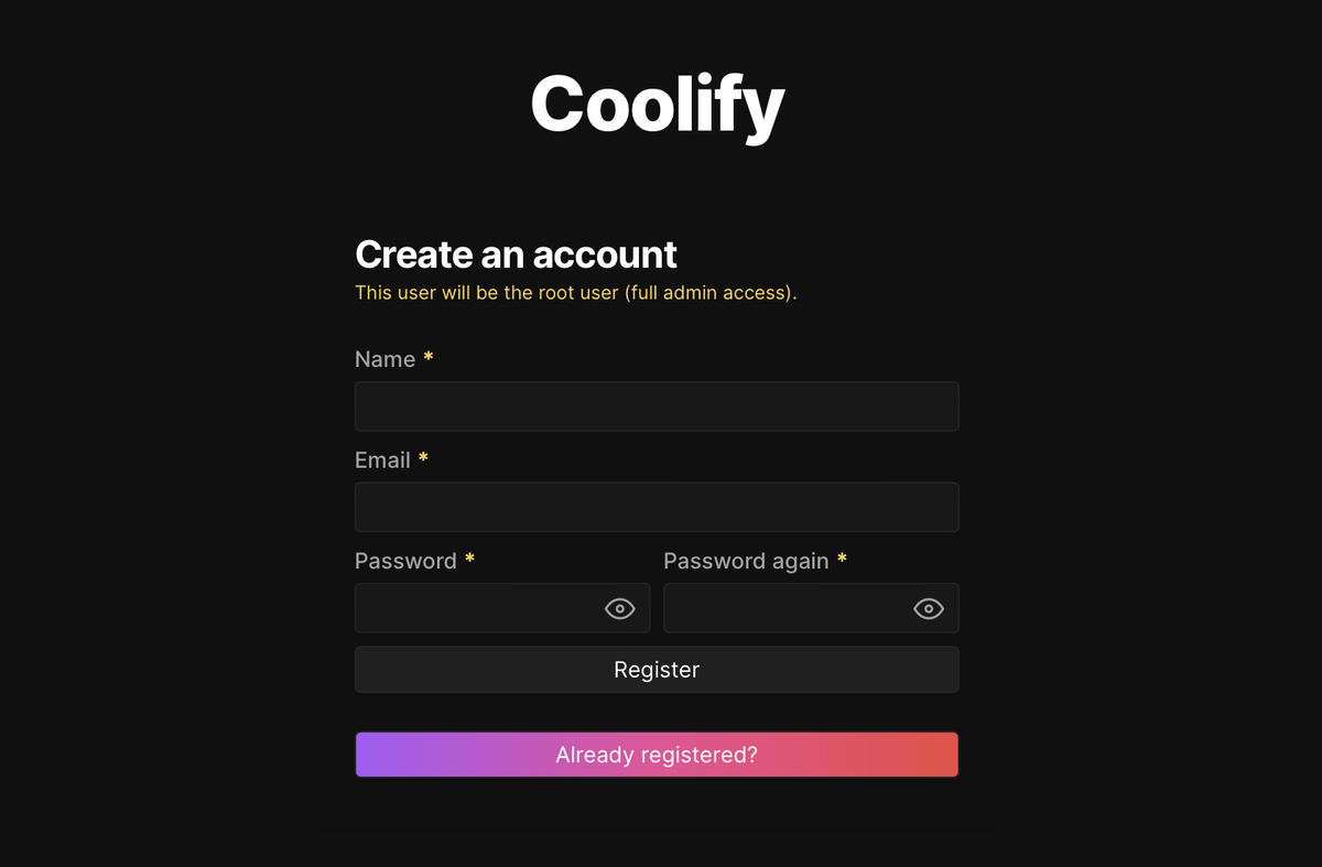 Screenshot of Coolify’s short “Register” form, which is the first thing that greets you in a browser